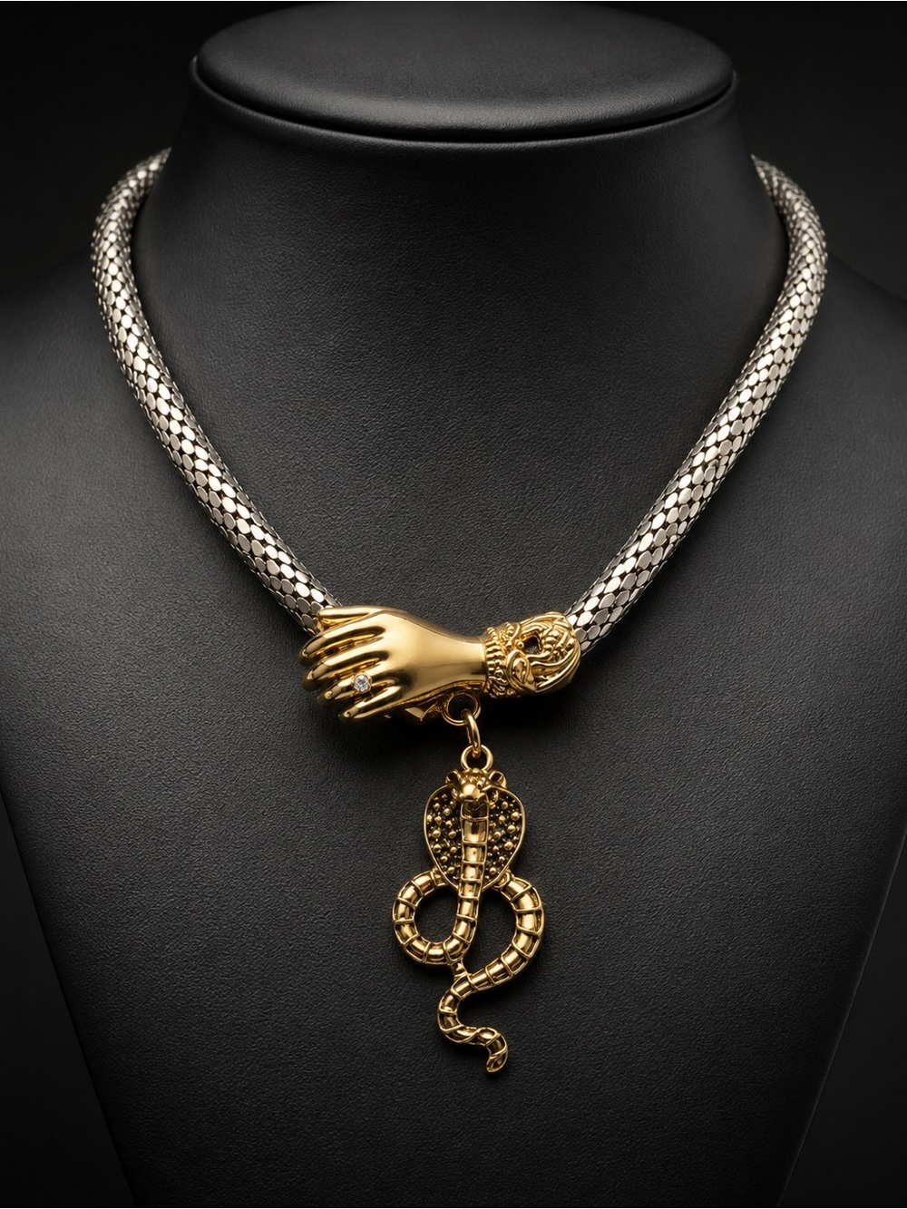 Vintage DL Auld Mesh Lariat Necklace Two-Tone Choker & Cobra Charm 20”